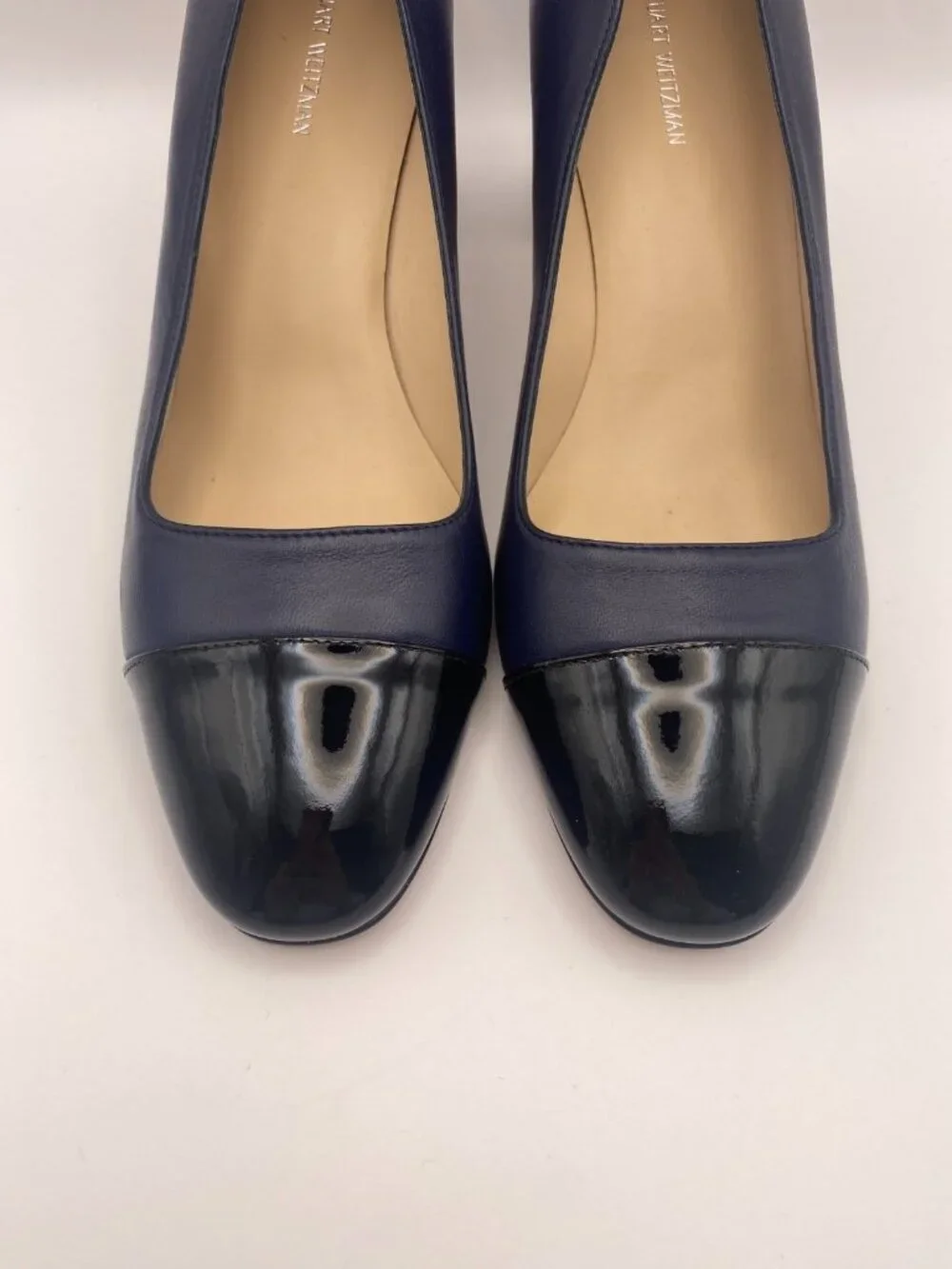 Stuart Weitzman Women’s 57MM Milla Cap Toe Navy Black Leather Pumps Sz 9 B
